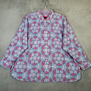 Talbots Top Womens 3X Blue Pink‎ Geometric Button Long Sleeve Artsy Boho Maximal